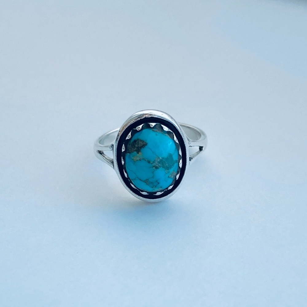 Sterling Silver Round Genuine Turquoise Ring, Stone Ring, Silver Ring, Boho Ring - Picture 4 of 13